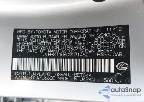 2013 Lexus Es 350 z USA, uszkodzony, nr VIN JTHBK1GG6D2031452